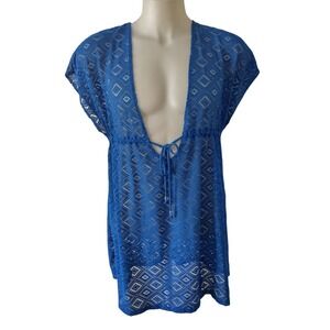 Wave Zone Beach Cover Up Womens Size 1X Blue Drawstring Lace Beach Wear Pullover